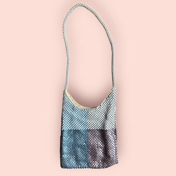 Vtg Metal Mesh Handbag Small Micro Shoulder Purse Color Block Pastel Metallic - Picture 1 of 3